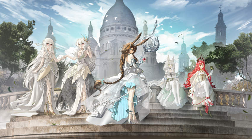 4girls absurdres alcohol ambience_synesthesia amiya_(ambience_synesthesia_2025)_(arknights) amiya_(arknights) animal_ear_fluff animal_ears anklet arknights bare_shoulders blue_eyes braid braided_ponytail brown_hair bug building butterfly cat_ears cat_girl cat_tail character_request chinese_commentary closed_mouth commentary commentary_request crown day dress drink elbow_gloves english_commentary full_body gloves hair_between_eyes high_heels highres holding holding_drink holding_hands insect jewelry light_smile long_hair mixed-language_commentary multiple_girls official_alternate_costume outdoors pantyhose red_eyes red_hair rosmontis_(arknights) shale shoes stairs standing tail very_long_hair white_dress white_gloves white_hair white_pantyhose white_shoes wine
