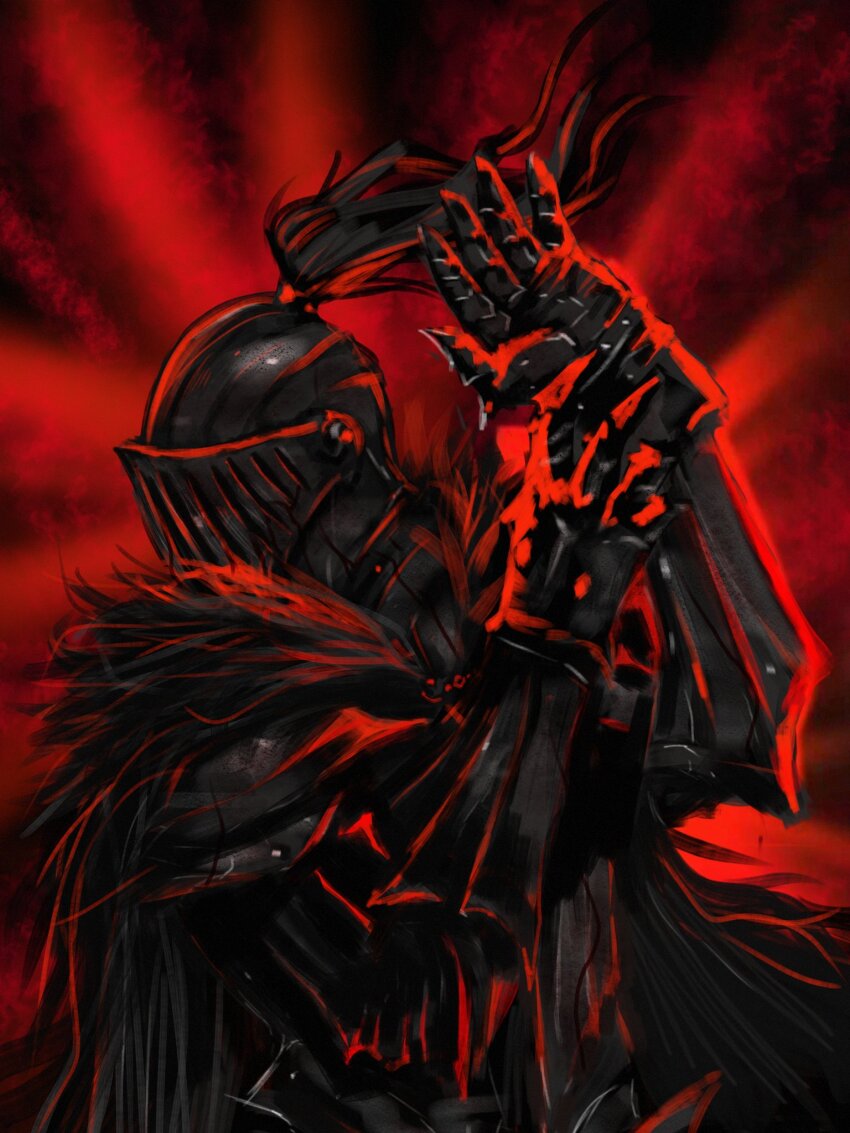 1boy affliction_(darkest_dungeon) armor arms_up ars_lycorys black_armor black_cape black_souls cape darkest_dungeon full_armor fur_cape gauntlets grimm_(black_souls) helmet highres knight male_focus red_background red_theme solo upper_body