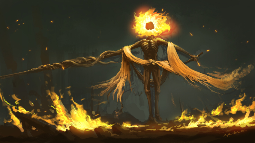 1boy artist_name cloak dual_wielding elden_ring facing_viewer fire flaming_head full_body gradient_background highres holding holding_polearm holding_weapon midra_lord_of_frenzied_flame polearm solo spear standing torn_cloak torn_clothes tripdancer weapon