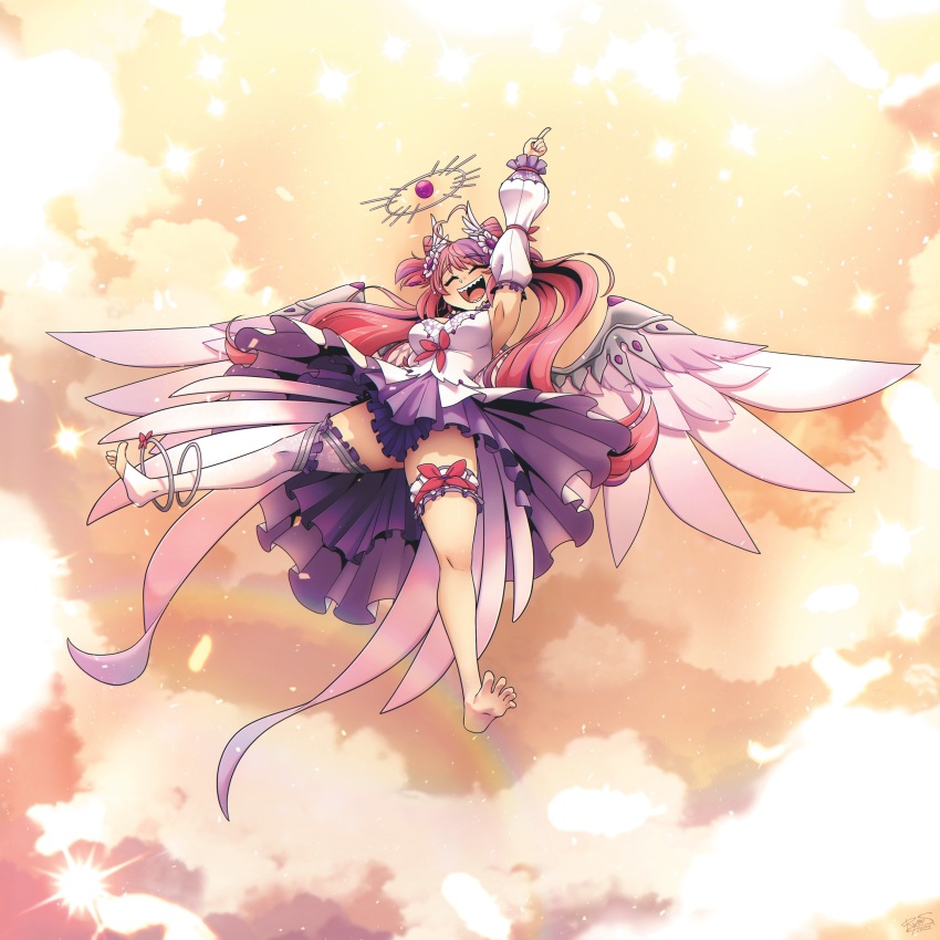 1girl absurdres barefoot blush breasts closed_eyes facing_viewer full_body high-low_skirt highres ironmouse ironmouse_(fallen_angel) large_breasts long_hair multicolored_hair open_mouth pink_hair purple_hair ryou_sakai sharp_teeth single_thighhigh smile solo spread_toes teeth thighhighs toes virtual_youtuber vshojo white_thighhighs wings