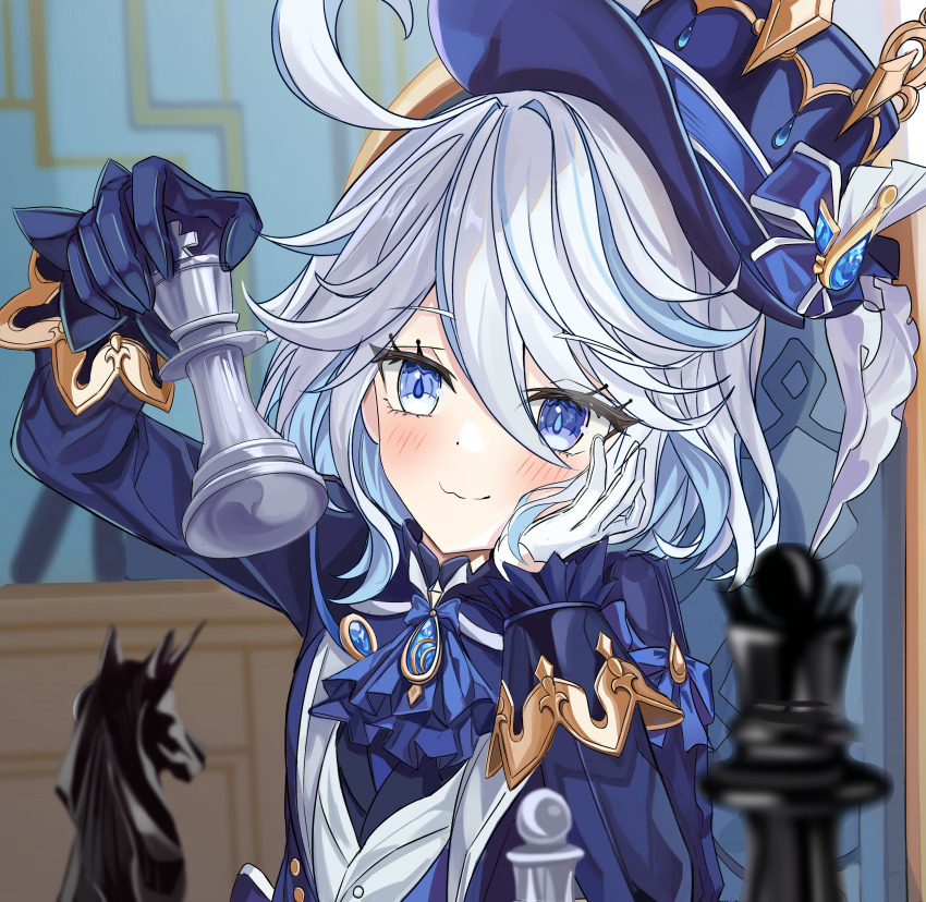 1girl absurdres ahoge ascot asymmetrical_gloves black_gloves blue_ascot blue_brooch blue_eyes blue_gemstone blue_hair blue_hat blue_jacket board_game chess chess_piece closed_mouth dot_nose drop-shaped_pupils elbow_rest eyelash_ornament facing_viewer furina_(genshin_impact) gem genshin_impact gloves hair_between_eyes hand_on_own_cheek hand_on_own_face hat heterochromia highres holding holding_chess_piece indoors jacket king_(chess) knight_(chess) long_sleeves looking_at_object mismatched_gloves multicolored_hair nokchya_ame on_chair short_hair sitting smile solo streaked_hair symbol-shaped_pupils top_hat wavy_mouth white_gloves white_hair