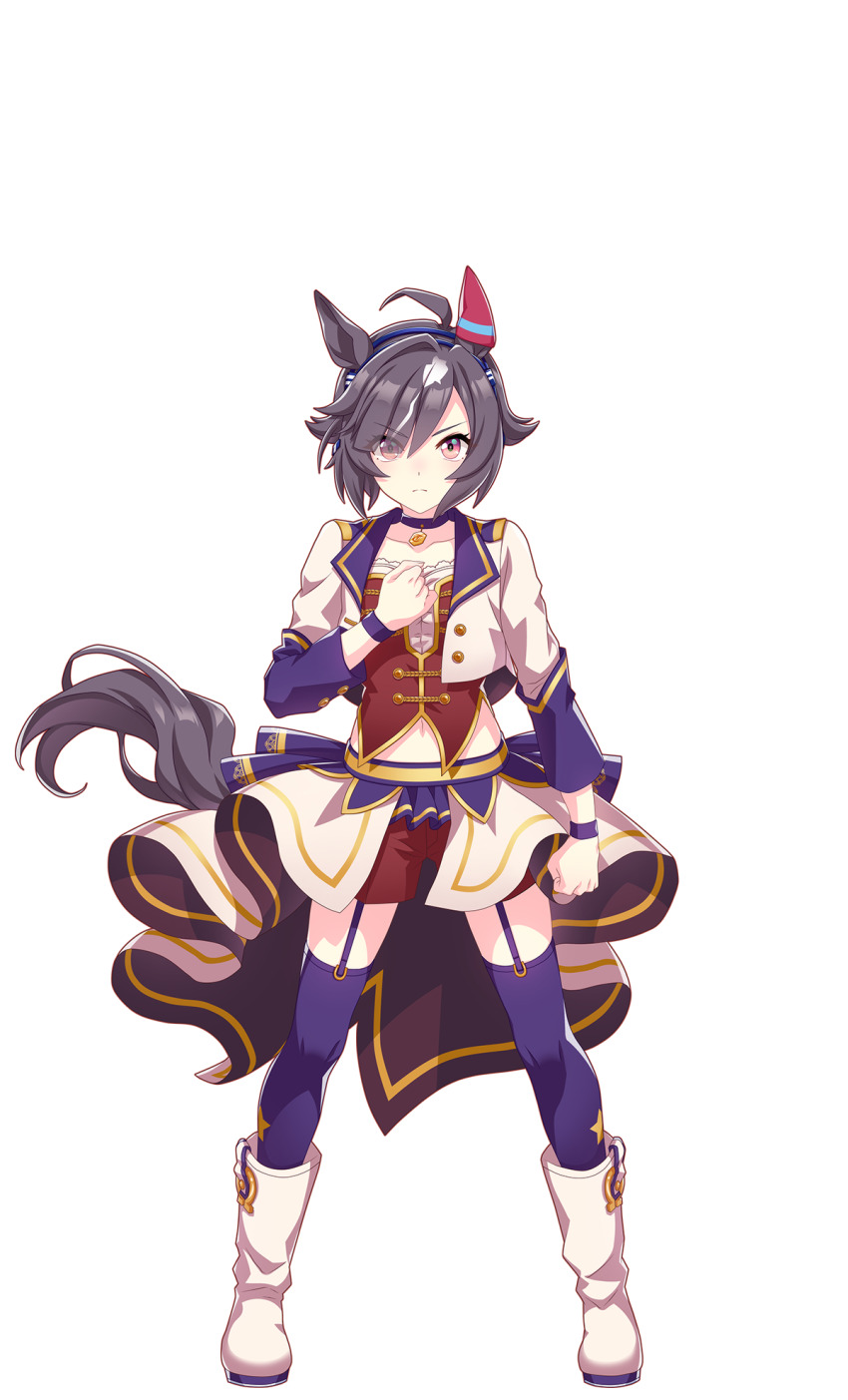 1girl ahoge animal_ears back_ribbon believe_(umamusume) black_hair boots clenched_hand closed_mouth collarbone ear_covers full_body hair_ornament hand_on_own_chest highres horse_ears horse_girl horse_tail horseshoe_ornament jacket looking_at_viewer midriff multicolored_hair navel official_art purple_thighhighs red_shorts ribbon short_hair shorts simple_background single_ear_cover solo standing starting_future_(umamusume) tail thigh_strap thighhighs transparent_background umamusume white_boots white_hair white_jacket wristband