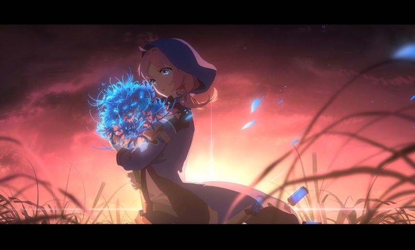 1girl ahoge arknights blue_cloak blue_eyes blue_flower blue_poison_(arknights) blue_spider_lily bouquet cloak cloud cloudy_sky commentary cowboy_shot dadijiji dusk female_focus flower glowing glowing_petals highres holding holding_bouquet hood hooded_cloak letterboxed looking_at_viewer medium_hair outdoors parted_bangs petals pink_hair red_sky sky solo spider_lily symbol-only_commentary twintails
