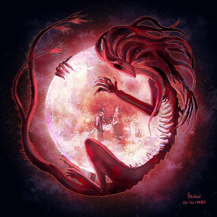 absurdres artist_name bloodborne claws commentary eldritch_abomination english_commentary full_moon highres hug hunter_(bloodborne) monster moon moon_presence_(bloodborne) plain_doll rashuu ribs tail tentacles
