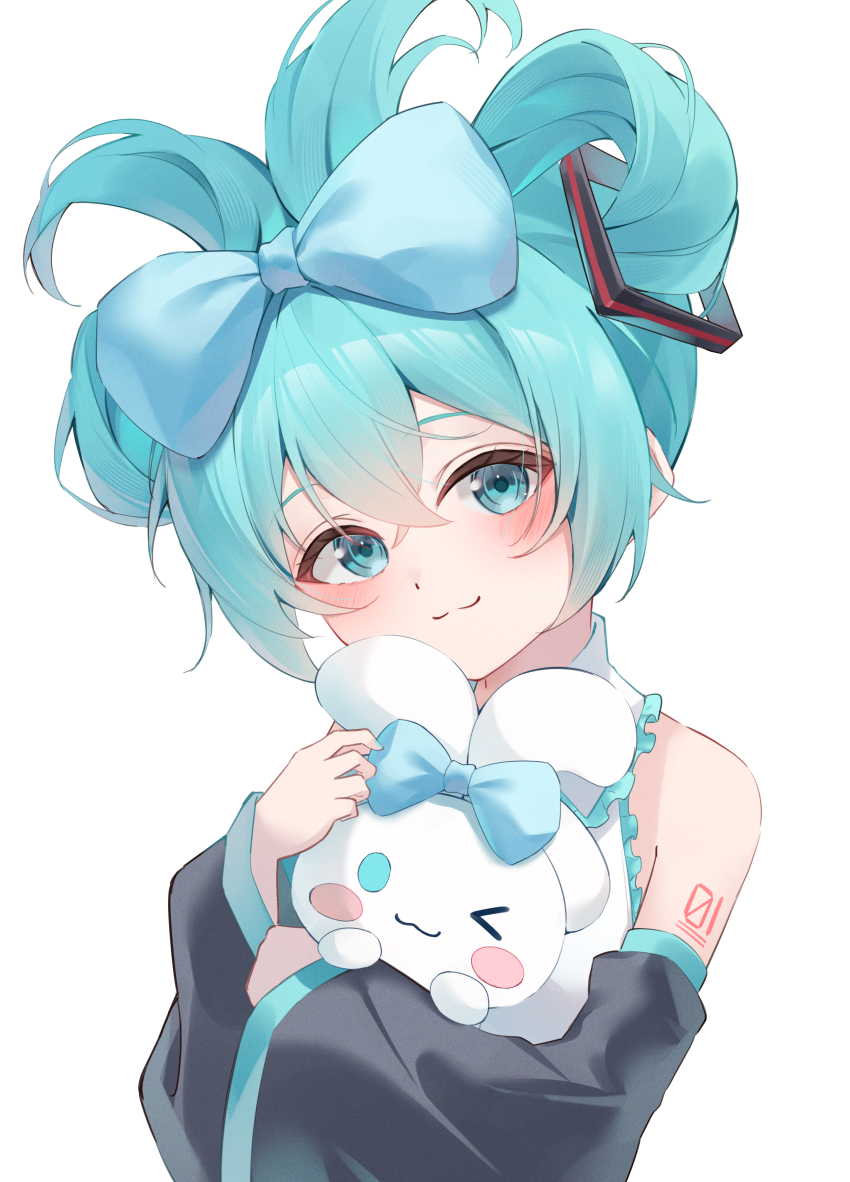&gt;_o 1girl :3 absurdres animal aqua_eyes aqua_hair black_sleeves blue_bow bow cinnamiku cinnamoroll commentary detached_sleeves fuwa_fuwa_cinnamoroll hair_up hatsune_miku highres holding holding_animal number_tattoo one_eye_closed ryaru_ryaru sanrio shirt shoulder_tattoo simple_background sleeveless sleeveless_shirt tattoo upper_body vocaloid white_background white_shirt