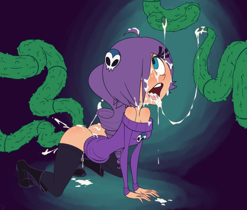 1girl blue_eyes boots cum female goth_fashion highres purple_hair roger_bacon tagme vaginal zone-tan
