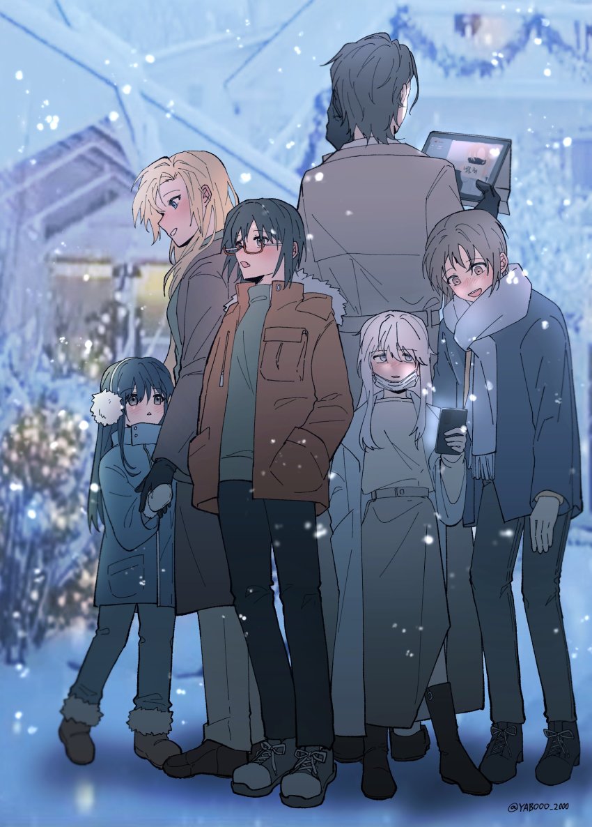 1boy 5girls absurdres black_hair blonde_hair brown_hair clothes facing_away glasses gloves highres holding holding_phone holding_tablet_pc kamikoshi_sorawo kasumi_(urasekai_picnic) kozakura_(urasekai_picnic) migiwa_youichirou multiple_girls nishina_toriko outdoors phone seto_akari snow tablet_pc talking_on_phone urasekai_picnic winter yabooo_2000
