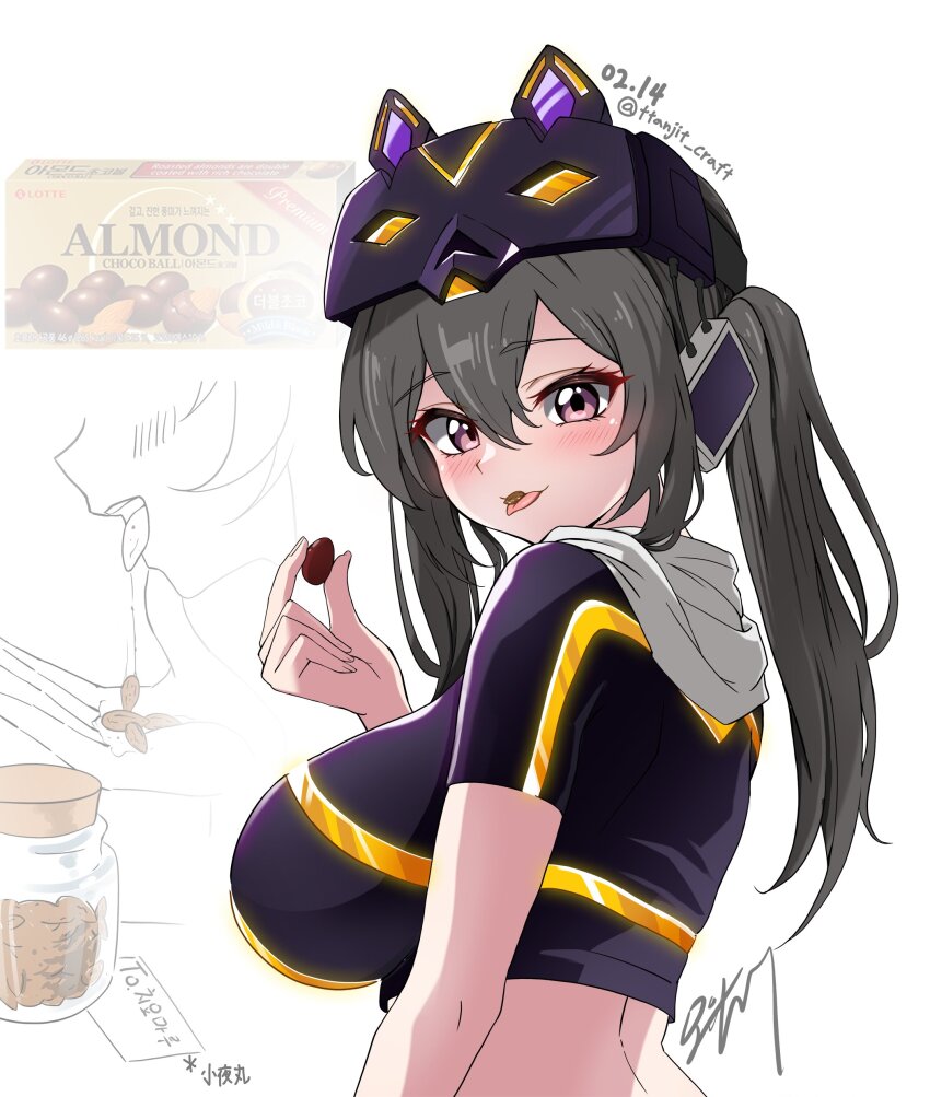 1girl absurdres almond breasts crop_top duel_monster eyeliner food_in_mouth from_behind grey_hair hair_between_eyes headgear highres i:p_masquerena large_breasts looking_at_viewer makeup pink_eyes saliva saliva_trail short_sleeves sidelocks signature tongue ttakji_craft twintails upper_body valentine yu-gi-oh! yu-gi-oh!_master_duel
