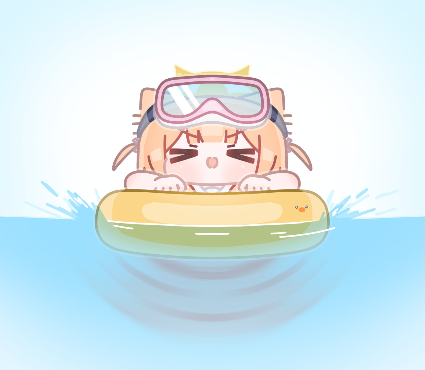 &gt;_&lt; 1girl animal_ears blue_archive blunt_bangs blush bow chibi diving_mask duck_print goggles hair_bow halo highres horuhara mari_(blue_archive) motion_blur no_nose open_mouth orange_hair smile solo swimming two_side_up v-shaped_eyebrows water yellow_halo yellow_innertube