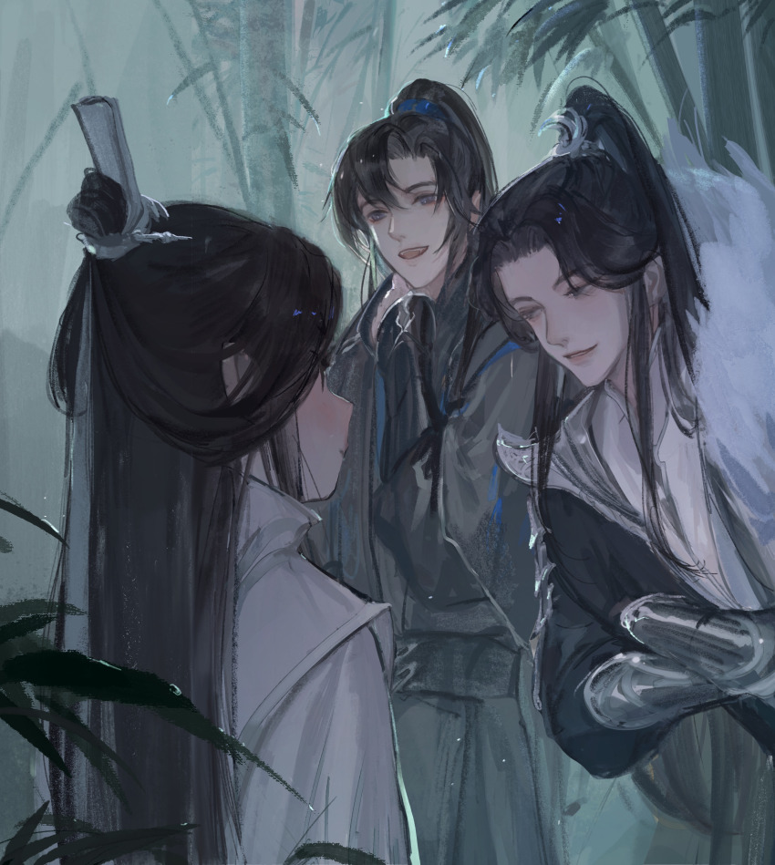 3boys absurdres armor bamboo bamboo_forest black_hair black_hanfu black_sash chinese_clothes chinese_commentary chu_wanning closed_mouth cowboy_shot crossed_arms erha_he_tadebai_mao_shizun fang forest fur-trimmed_robe fur_trim grey_eyes hanfu high_ponytail highres leaning_forward long_hair long_sleeves looking_at_another male_focus mo_ran multiple_boys nature open_mouth outdoors ponytail purple_eyes ribbon ribboned_xiao_guan robe sash shoulder_armor smile teeth tianhongqwq upper_teeth_only white_hanfu white_ribbon xia_sini xiao_guan_(headdress) xue_meng