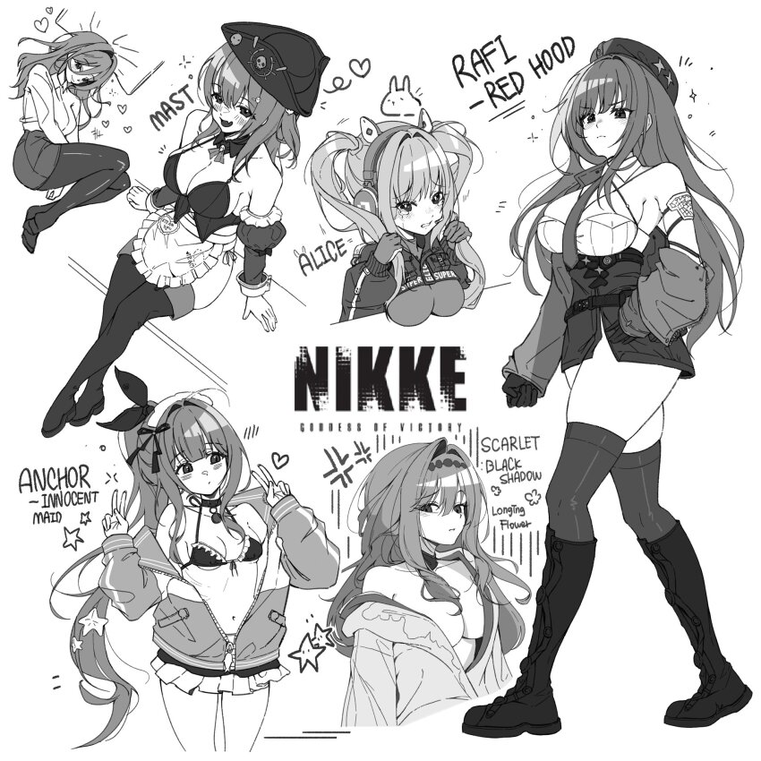 6+girls alice_(nikke) anchor_(innocent_maid)_(nikke) anchor_(nikke) anger_vein animal_ear_headphones animal_ears apron bare_shoulders beret bikini blush boots breasts bustier character_request check_character choker cleavage copyright_name crop_top cropped_legs cropped_torso crossed_legs detached_collar detached_sleeves double_v english_text fake_animal_ears frilled_apron frilled_bikini frills from_above full_body gloves goddess_of_victory:_nikke greyscale hair_intakes hair_ribbon hat head_on_pillow headphones heart highres holding holding_own_hair invisible_table jacket japanese_clothes jupo kilo_(nikke) kimono korean_commentary large_breasts leggings long_hair looking_at_viewer lying mast_(nikke) mast_(romantic_maid)_(nikke) monochrome multiple_girls off_shoulder on_side open_clothes open_jacket pencil_skirt pillow pirate_hat ponytail rapi_(nikke) rapi_(red_hood)_(nikke) ribbon scarlet_(black_shadow)_(longing_flower)_(nikke) scarlet_(black_shadow)_(nikke) scarlet_(nikke) sideways_glance simple_background skindentation skirt small_breasts star_(symbol) swimsuit tearing_up thigh_boots thighhighs translated twintails v walking white_background