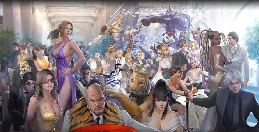6+boys 6+girls alcohol alisa_boskonovich animal animal_head animal_print arabian_clothes arch architecture bald bare_shoulders beard belt black_dress black_hair black_neckwear black_shirt black_suit blonde_hair bob_(tekken) breasts brown_hair bryan_fury celebration chair claudio_serafino claws cleavage closed_mouth cocktail_dress collarbone collared_shirt cup dark_skin debris demon_horns dreadlocks dress drinking_glass eating eddy_gordo elbow_gloves eliza_(tekken) emilie_de_rochefort everyone eyepatch facial_hair facing_viewer fat fat_man feng_wei food formal_clothes gatling_gun gigas_(tekken) glass gloves gold_dress grey_hair grey_suit grin group_picture gun_jack hair_ornament hair_slicked_back hand_on_own_cheek hand_on_own_face harada_katsuhiro high_ceiling high_heels highres horns husband_and_wife indoors jaguar jewelry josie_rizal katarina_alves kawano_takuji kazama_asuka kazama_jin keffiyeh king_(tekken) kuma_(tekken) large_breasts lars_alexandersson lee_chaolan legs leo_kliesen ling_xiaoyu lips long_hair looking_at_viewer looking_back looking_to_the_side lucky_chloe makeup marshall_law master_raven medium_breasts miguel_caballero_rojo minigun mishima_heihachi mishima_kazumi_(tekken) mishima_kazuya multiple_boys multiple_girls muscular mustache necklace nina_williams off-shoulder_dress off_shoulder official_art orange_dress pale_skin panda_(tekken) parted_lips party paul_phoenix pillar pink_hair pizza plant ponytail poster_(medium) purple_dress real_life_insert red_eyes sash scar scarf sergei_dragunov shaheen shirt short_hair side_slit sideboob sidelocks sitting smile smirk source_request standing steve_fox suit sunglasses table tattoo tekken tekken_7 textless_version thighs tiger tiger_print twintails vampire vaulted_ceiling very_dark_skin white_dress white_suit wine wine_glass yellow_dress yoshimitsu_(namco)
