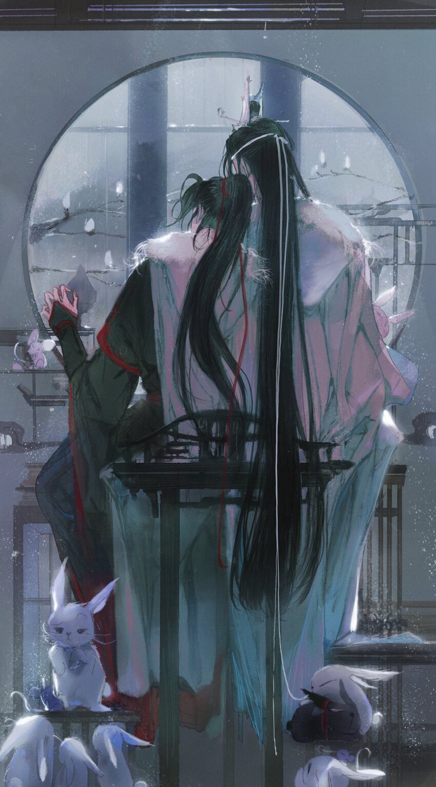 2boys absurdres animal back black_hair black_hanfu branch cape chair chinese_clothes didbub1 facing_away flower from_behind full_body fur-trimmed_cape fur_trim hair_ribbon hand_up hanfu headband high_ponytail highres holding holding_animal indoors korean_commentary lan_wangji lattice leaning_on_person long_hair long_sleeves male_focus modao_zushi multiple_boys on_chair ponytail rabbit red_ribbon ribbon robe sitting snow snowing table topknot very_long_hair wei_wuxian white_hanfu white_headband wide_sleeves window winter_clothes xiao_guan_(headdress) yaoi