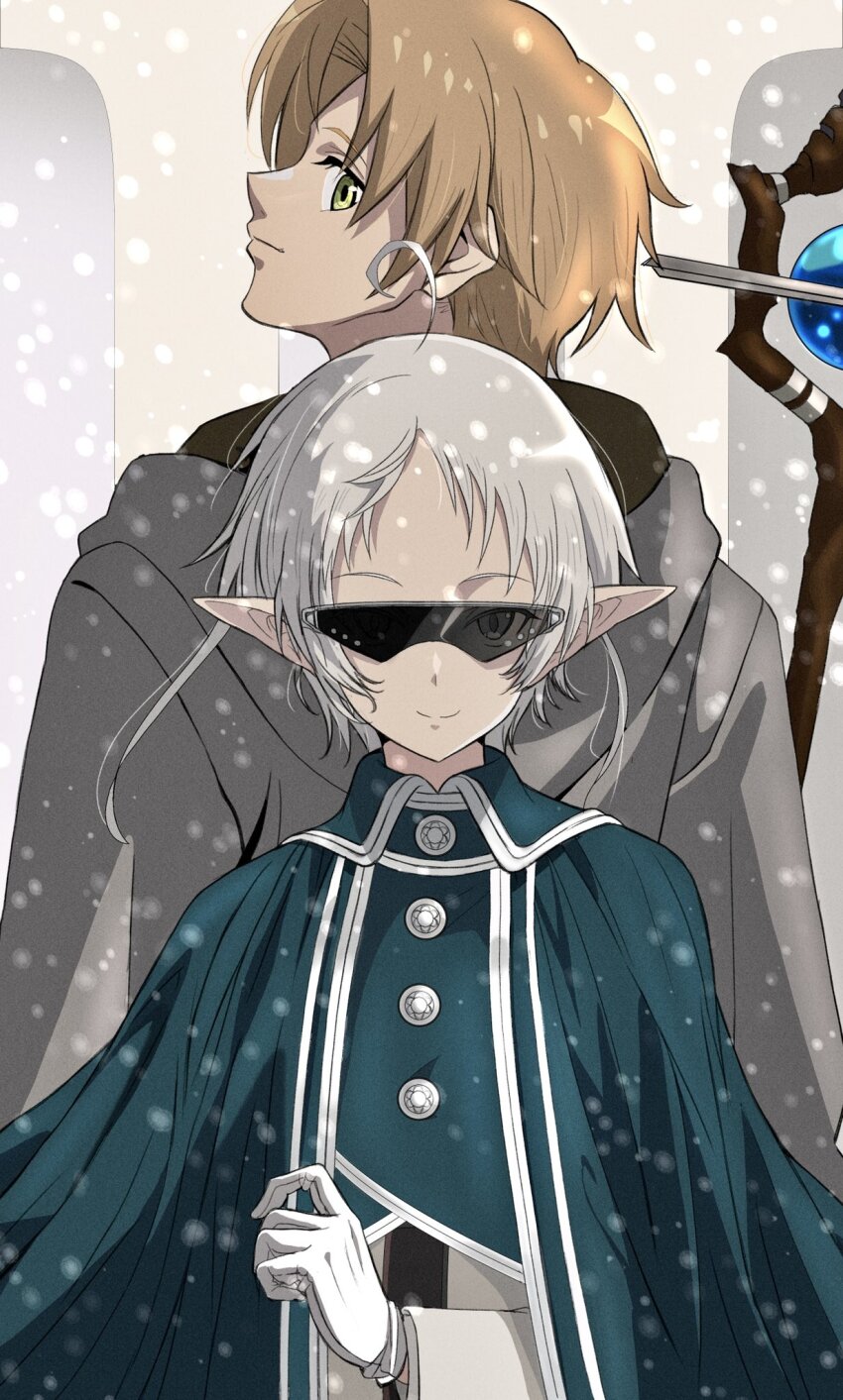 1boy 1girl ahoge brown_hair buttons cloak elf gloves green_cloak green_eyes grey_cloak highres husband_and_wife kou_(spad7u59) looking_at_another looking_at_viewer mage_staff mushoku_tensei pointy_ears rudeus_greyrat short_hair smile snowing staff sunglasses sylphiette_(mushoku_tensei) white_gloves white_hair