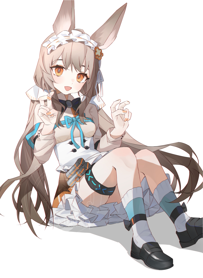 1girl absurdres animal_ears arknights brown_hair dress frilled_hairband frills grey_hair hairband highres long_hair long_sleeves looking_at_viewer open_mouth orange_eyes rabbit_ears rabbit_girl ribbon ribbon-trimmed_hairband shirt skirt smile solo user_zcas3385 warmy_(arknights) white_background white_hairband