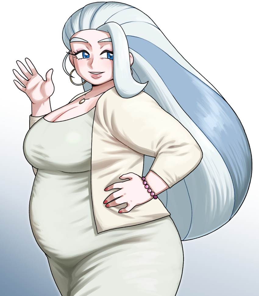 1girl alternate_costume bead_bracelet beads blue_eyes bracelet breasts cleavage commentary_request dress earrings eyelashes fat fat_woman from_side green_dress grin hand_on_own_hip hand_up highres hoop_earrings jacket jewelry large_breasts looking_back loose_hair_strand melony_(pokemon) multicolored_hair nail_polish necklace nintendo nutkingcall open_clothes open_jacket pokemon pokemon_swsh smile solo streaked_hair teeth two-tone_hair yellow_jacket