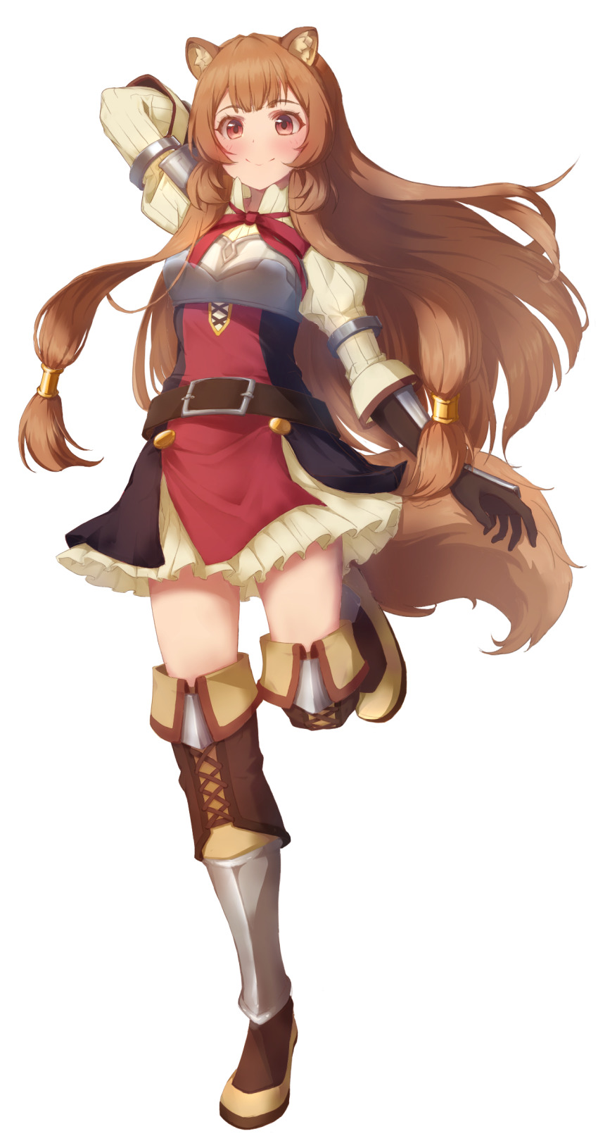 1girl agmt animal_ear_fluff arm_up armor armored_gloves belt black_dress blunt_bangs blush boots breastplate breasts brown_belt brown_gloves brown_hair collared_dress commentary_request double-parted_bangs dress elbow_gloves eyelashes floating_hair full_body gloves high_collar highres layered_dress leg_up long_hair long_sleeves looking_at_viewer medium_breasts metal_arm_cuffs metal_hair_tubes neck_ribbon partial_commentary pauldrons raphtalia red_dress red_eyes red_ribbon ribbon short_dress shoulder_armor simple_background single_pauldron sleeveless sleeveless_dress smile solo standing standing_on_one_leg straight_hair tate_no_yuusha_no_nariagari thigh_boots two-tone_dress white_background white_dress