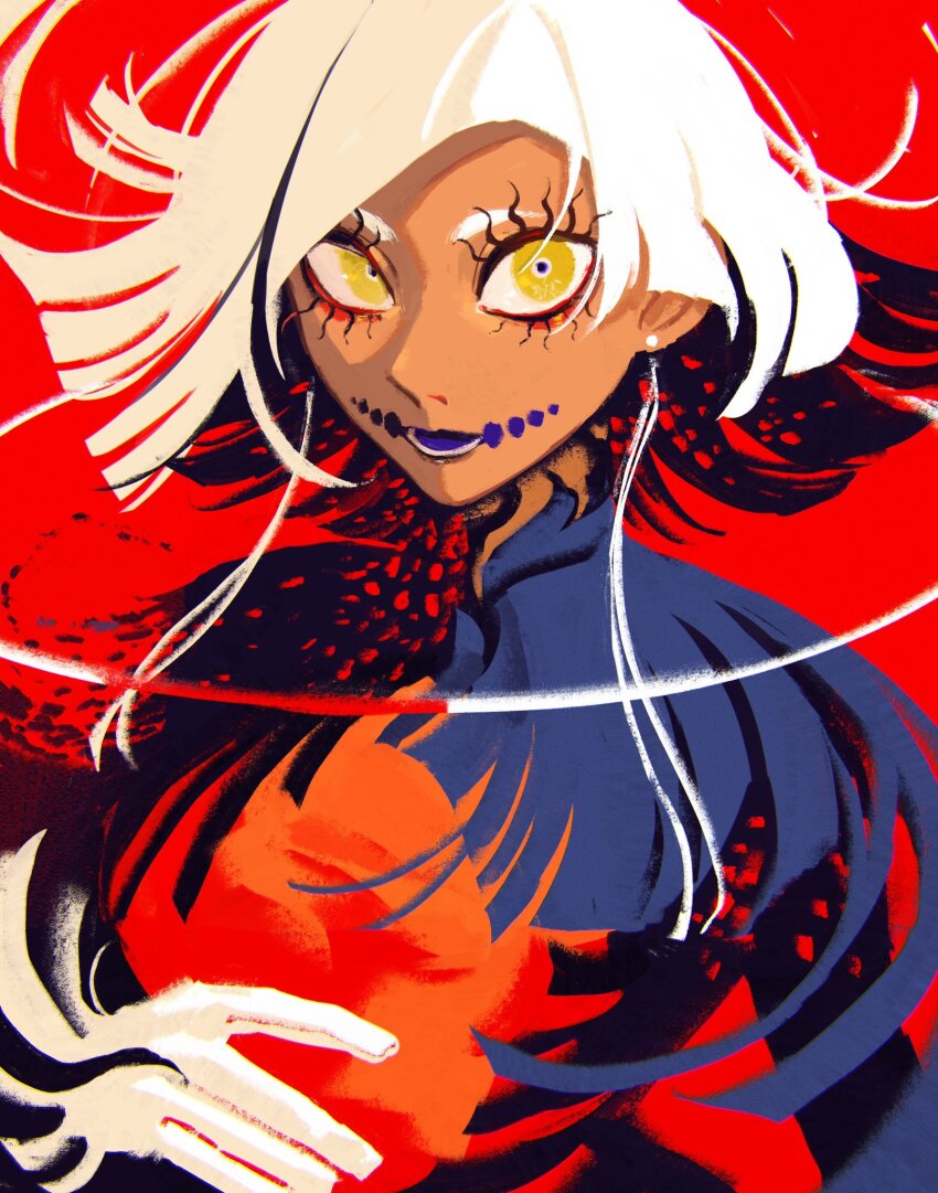 1girl blonde_hair blue_capelet blue_tongue capelet colored_tongue dark-skinned_female dark_skin gloves highres looking_at_viewer momomo_906 open_mouth original red_background short_hair solo upper_body yellow_eyes
