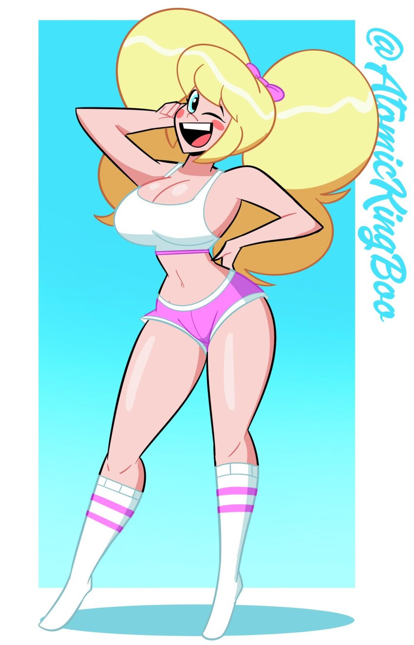 1girl atomickingboo blonde_hair breasts cleavage highres large_breasts short_shorts shorts socks solo