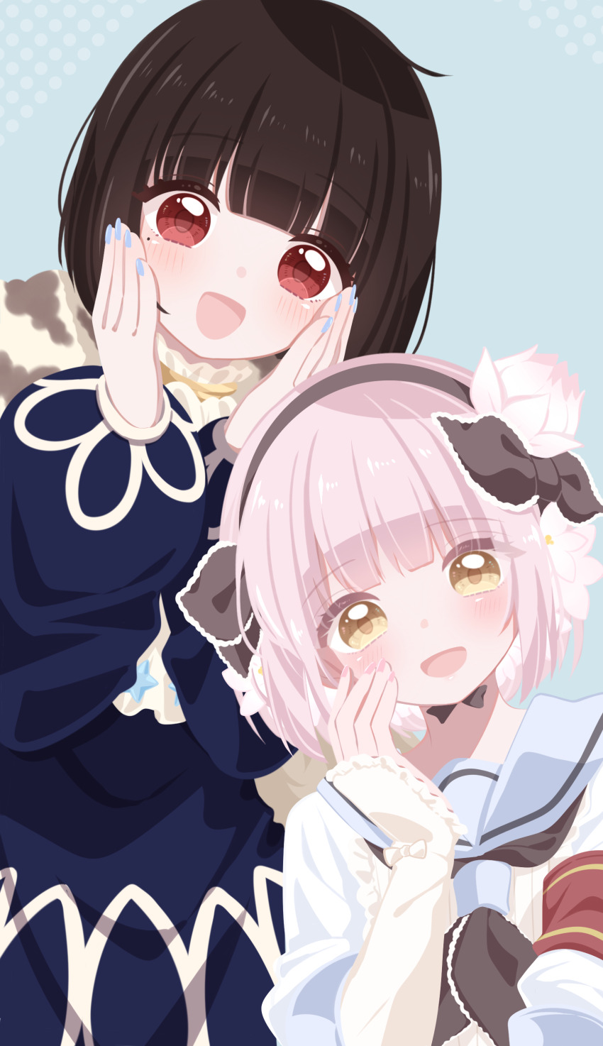 2girls absurdres black_bow black_bowtie black_hair bow bowtie fingernails flower hair_flower hair_ornament highres hime_cut lapis_lazuline looking_at_viewer magical_girl mahou_shoujo_ikusei_keikaku mahou_shoujo_ikusei_keikaku_restart multiple_girls open_mouth pink_hair red_eyes sakura_mochi_(kanade-8961-uriuri) school_uniform short_hair smile snow_white_(mahoiku) yellow_eyes