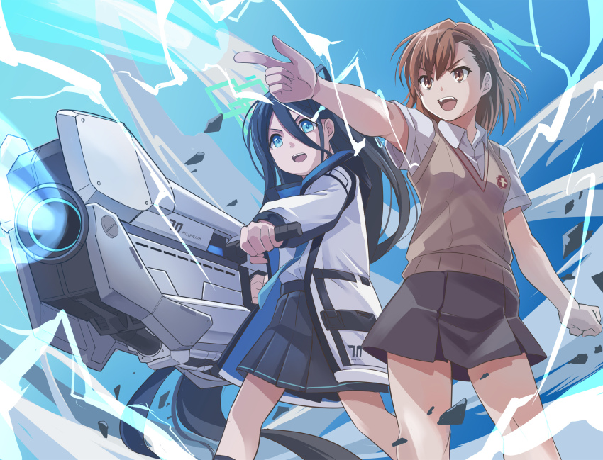 2girls aris_(blue_archive) bare_shoulders black_hair black_skirt blue_archive blue_eyes blue_halo blue_necktie brown_eyes brown_hair brown_sweater_vest brown_vest commentary_request crossover debris electricity electrokinesis emblem firing grey_skirt halo highres holding holding_weapon jacket long_hair magnetic_weapon misaka_mikoto multiple_girls necktie nikulas_cage one_side_up open_clothes open_jacket pleated_skirt psychic railgun railgun_(misaka_mikoto) school_emblem school_uniform science_fiction shirt short_hair skirt summer_uniform sweater_vest toaru_kagaku_no_railgun toaru_majutsu_no_index tokiwadai_school_uniform vest weapon white_jacket white_shirt