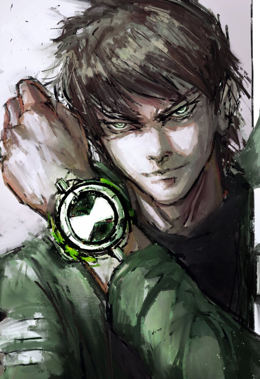 1boy ben_10 ben_10:_alien_force ben_tennyson brown_hair clenched_hand green_eyes green_jacket hand_up highres jacket kyezzzz long_sleeves omnitrix portrait short_hair smile smirk v-shaped_eyebrows