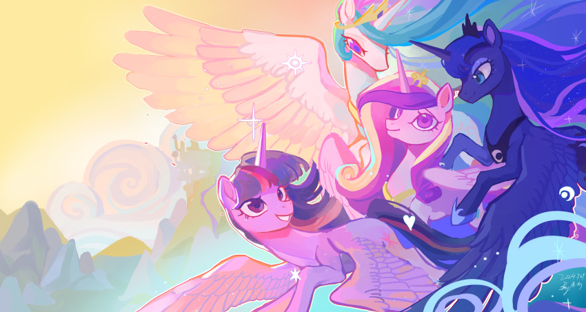 absurdres animal animal_focus aqua_eyes blue_eyeshadow blue_hair chinese_commentary colorful commentary_request eyeshadow flying highres hooves in-universe_location jewelry long_hair makeup multicolored_hair my_little_pony my_little_pony:_friendship_is_magic necklace no_humans outdoors pony_(animal) princess princess_cadance princess_celestia princess_luna purple_eyes purple_hair shiqiuzhu siblings sisters tiara twilight_sparkle unicorn very_long_hair winged_unicorn wings