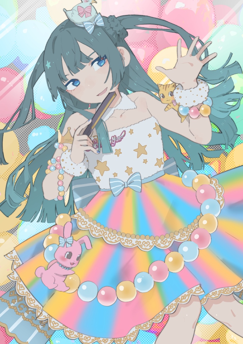 1girl balloon bare_shoulders blue_bow blue_eyes blunt_bangs blunt_ends bow collar commentary_request detached_collar dress folding_fan hand_fan hands_up highres idol_clothes kemura_(puripurinea) long_hair looking_to_the_side lying multicolored_dress on_back open_mouth pretty_series print_dress pripara rainbow_skirt sleeveless sleeveless_dress smile solo star_(symbol) strapless strapless_dress stuffed_animal stuffed_rabbit stuffed_toy tsukikawa_chili two_side_up very_long_hair white_collar wrist_cuffs