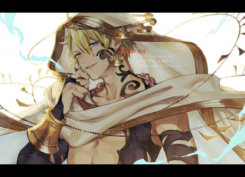 1boy ahoge aladdin_(sinoalice) armband beads black_border blonde_hair blue_eyes border bridal_gauntlets cape earrings facial_tattoo grin hood hood_up jewelry looking_at_viewer male_focus necklace ojo_aa parted_lips pectorals ring short_hair shoulder_tattoo signature simple_background sinoalice smile tattoo white_background