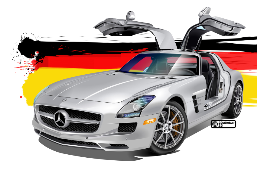 2023 artist_name car germany grey_car gullwing_doors highres left-hand_drive mercedes-benz mercedes-benz_sls_amg motor_vehicle nimbus_goldbrum no_humans original shadow vehicle_focus