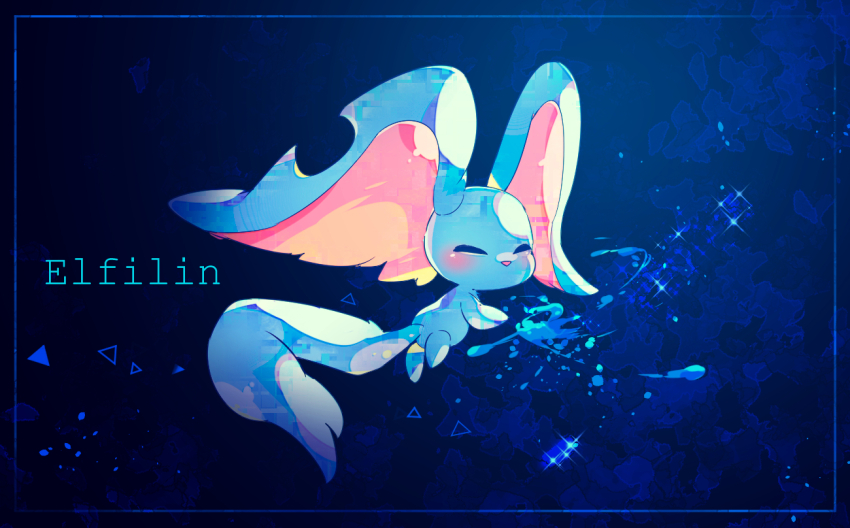 ^_^ blue_background blue_theme character_name closed_eyes commentary_request elfilin happy kirby_(series) large_ears light_blush light_particles nintendo no_humans no_mouth paint paint_splatter shirushiki solo sparkle tail triangle triangle_nose
