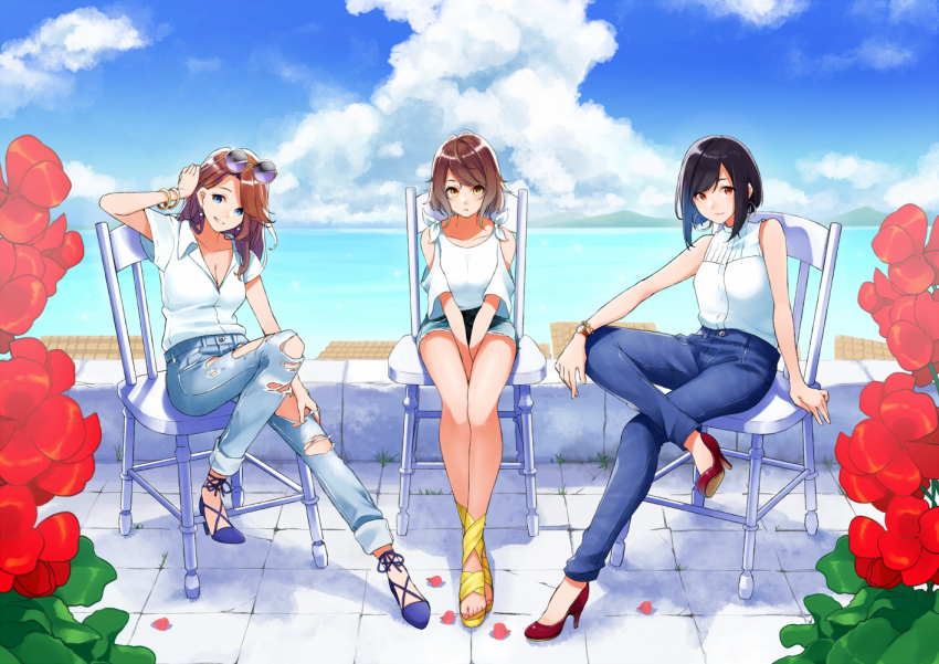 3girls bangle between_legs black_hair blue_eyes blue_footwear blue_sky blush bracelet breasts brown_hair cleavage clothing_cutout cloud collarbone crossed_legs day denim denim_shorts earrings eyewear_on_head full_body grin hand_between_legs high_heels hoop_earrings jeans jewelry knee_up large_breasts long_hair looking_at_viewer medium_breasts multiple_girls ocean open_mouth original outdoors pants red_footwear retsuna rooftop sandals shirt short_hair shorts shoulder_cutout sidelocks sitting sky sleeveless sleeveless_shirt smile sunglasses tinted_eyewear torn_clothes torn_jeans torn_pants watch wristwatch yellow_sandals