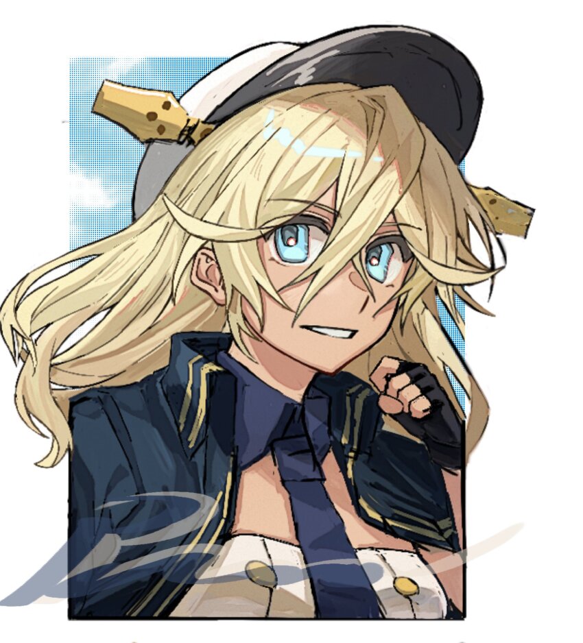 1girl azur_lane black_gloves blonde_hair blue_eyes blue_necktie border dark-skinned_female dark_skin fingerless_gloves gloves hat highres long_bangs long_hair looking_at_viewer necktie outside_border pan_(user_zdvk2337) parted_lips peaked_cap solo tennessee_(azur_lane) upper_body white_border