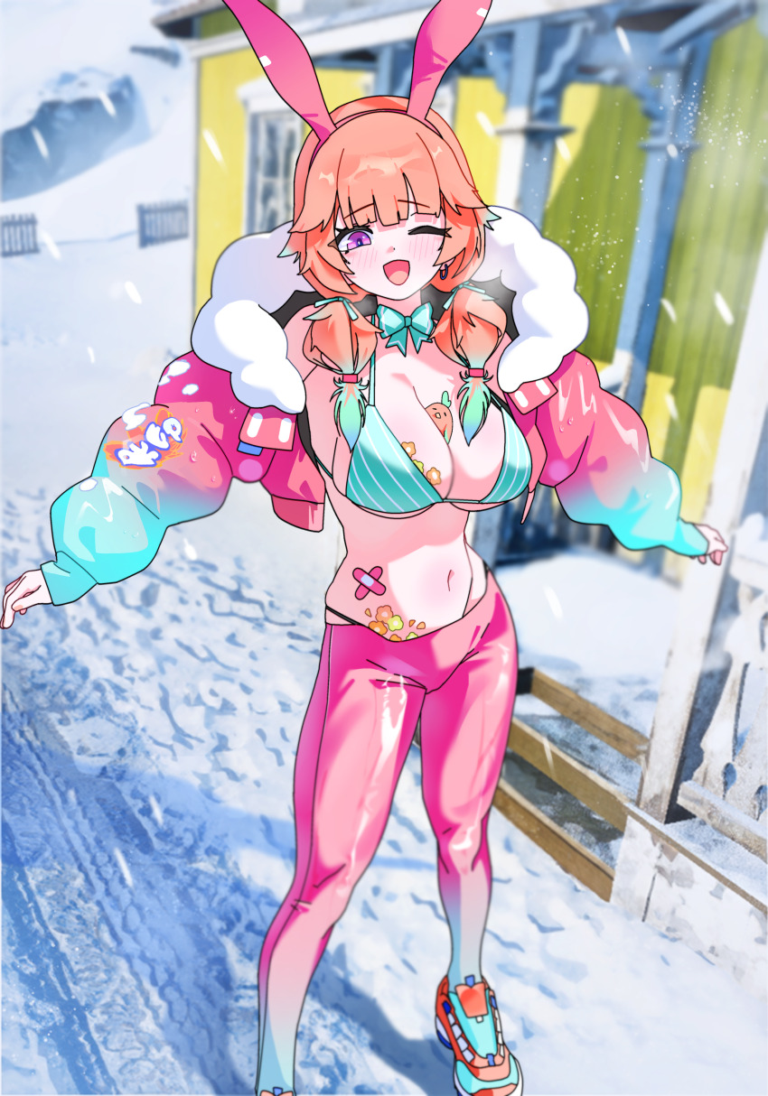 1girl absurdres alternate_costume alternate_hairstyle animal_ears bandaid between_breasts bikini bikini_top_only blurry blurry_background blush bow bow_choker breasts choker commentary earrings english_commentary gurumie highres hololive hololive_english jacket jewelry kotori_(takanashi_kiara) large_breasts looking_at_viewer navel one_eye_closed open_clothes open_jacket open_mouth orange_hair purple_eyes rabbit_ears skin_tight smile snow solo swimsuit takanashi_kiara twintails virtual_youtuber