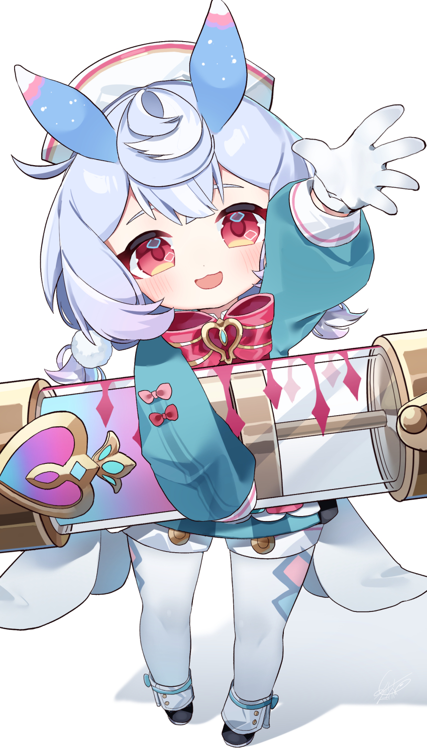 1girl :d absurdres animal_ears aqua_shirt arm_up artist_name black_shoes black_shorts blue_hair blush bow bowtie brooch commentary_request crossed_bangs genshin_impact gloves gradient_hair hair_between_eyes hair_ornament hat highres holding holding_syringe jewelry large_syringe long_hair long_sleeves looking_at_viewer low_twintails meda_cha multicolored_hair nurse_cap open_mouth oversized_object pantyhose pink_bow pom_pom_(clothes) pom_pom_hair_ornament puffy_long_sleeves puffy_shorts puffy_sleeves purple_hair red_bow red_bowtie red_eyes shadow shirt shoes short_shorts shorts sidelocks sigewinne_(genshin_impact) signature simple_background smile solo standing syringe twintails white_background white_gloves white_hat white_pantyhose