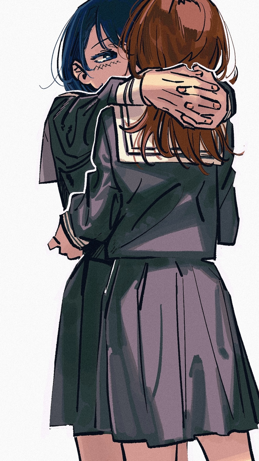 2girls arms_around_neck blue_eyes blue_hair brown_hair commentary_request cowboy_shot film_grain grey_serafuku grey_shirt grey_skirt hanasato_minori highres kani_(kaniya) kiritani_haruka long_hair long_sleeves miyamasuzaka_girls&#039;_academy_school_uniform multiple_girls pleated_skirt project_sekai sailor_collar school_uniform serafuku shirt short_hair simple_background skirt white_background white_sailor_collar yuri