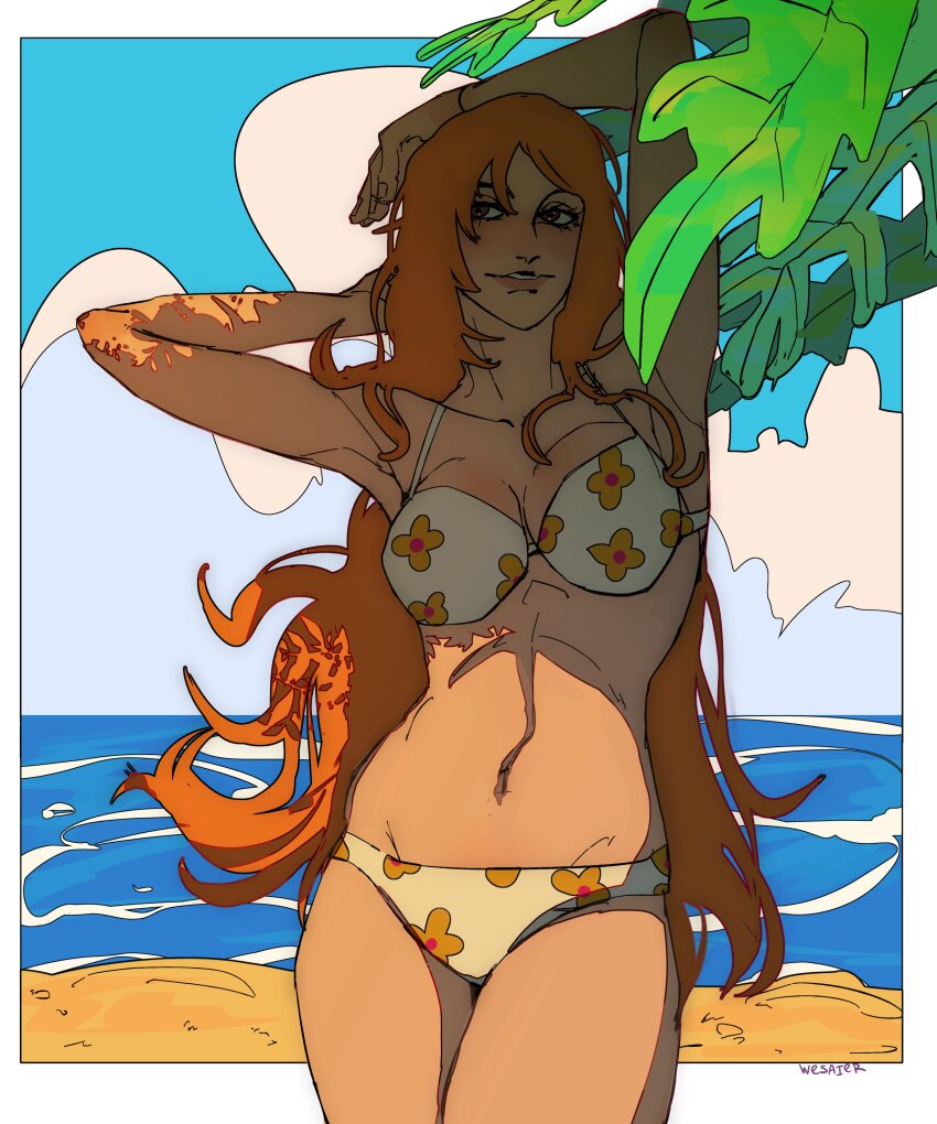 1girl absurdres arms_up artist_name bikini cloud commentary cowboy_shot english_commentary floral_print hand_in_own_hair highres long_hair looking_to_the_side nami_(one_piece) navel ocean one_piece palm_tree sand sky smile solo swimsuit tree very_long_hair wesaier