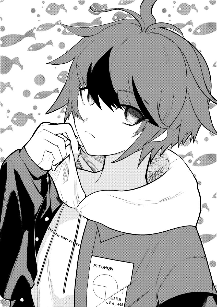 1boy absurdres ahoge animal_print black_hair closed_mouth fingernails fish_background fish_print frown grey_background greyscale hand_up highres hood hooded_sweater hoodie looking_at_viewer male_focus messy_hair monochrome multicolored_hair simple_background solo solo_focus sumino_takumi sweater the_hundred_line_-last_defense_academy- upper_body white_background