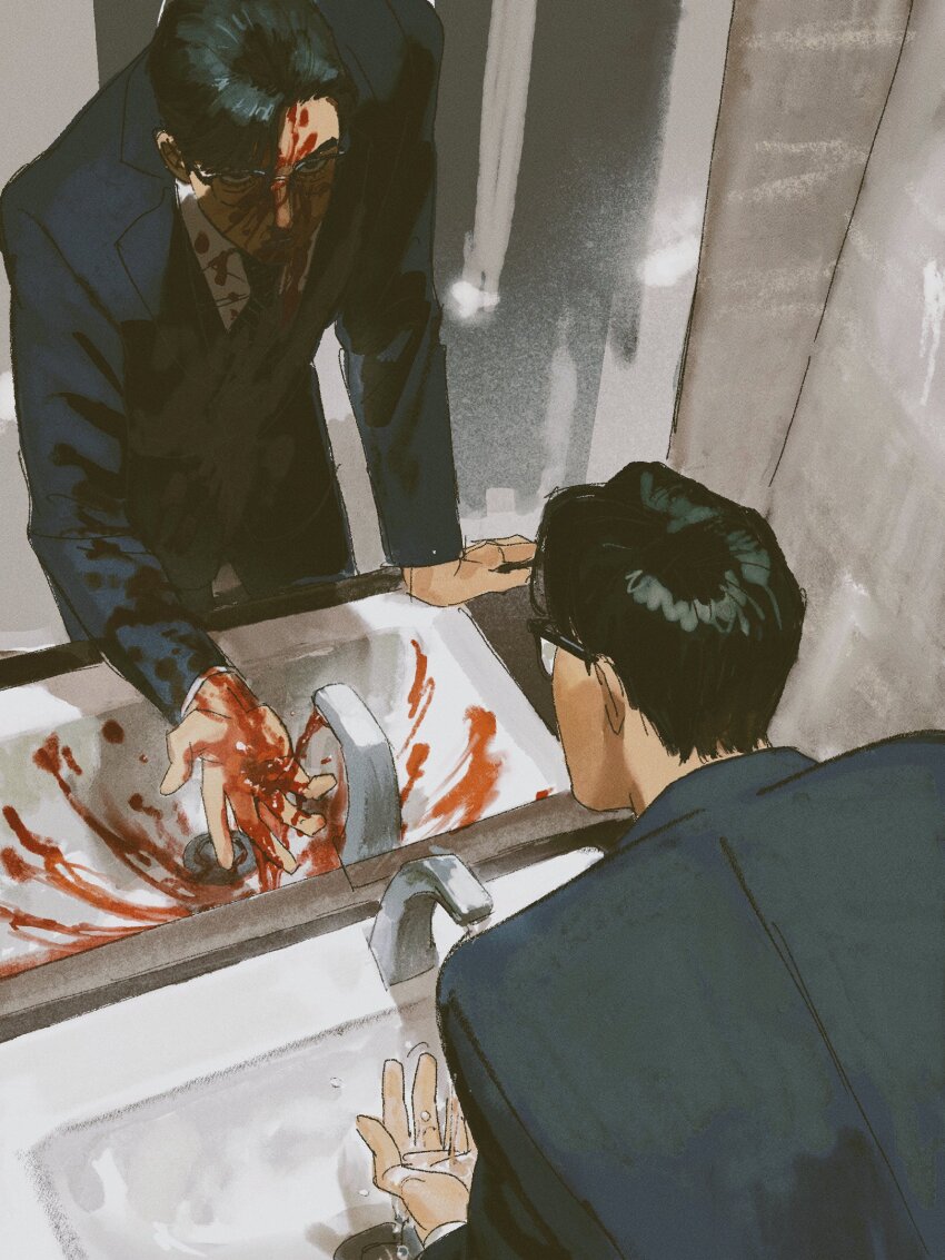 1boy bathroom black-framed_eyewear black_hair black_necktie black_pants black_suit blood blood_in_water blood_on_clothes blood_on_face blood_on_hands chengongzi123 collared_shirt dark_persona different_reflection dual_persona eye_contact faucet formal_clothes glasses highres jacket lapels looking_at_another looking_at_reflection male_focus necktie notched_lapels original pants parted_bangs reflection shirt short_hair sink standing suit suit_jacket water white_shirt wing_collar