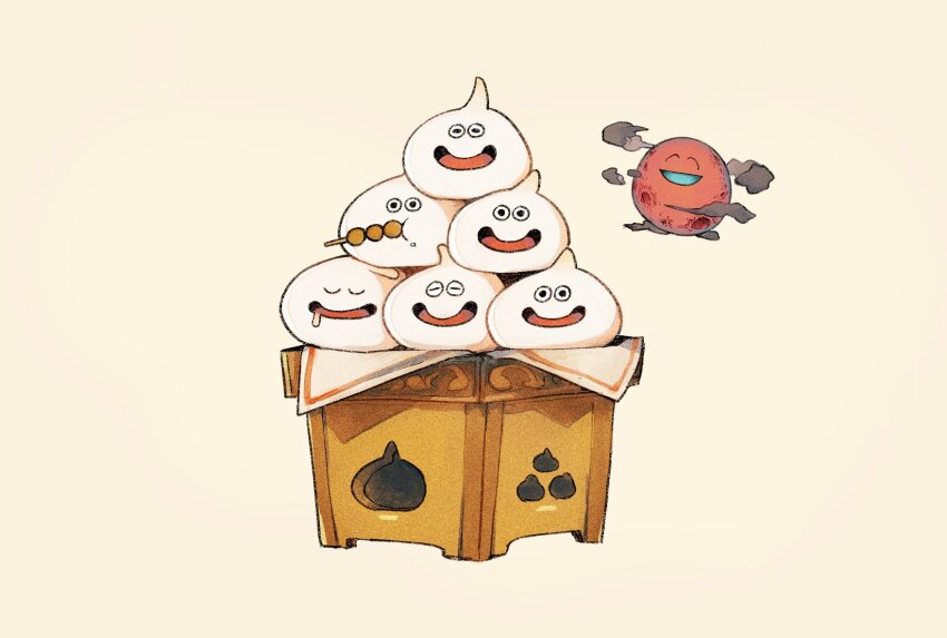 black_eyes character_request closed_eyes commentary_request dango dragon_quest drooling food food_in_mouth highres linne_(hld_doreko) no_humans open_mouth sanbou simple_background slime_(dragon_quest) smile smoke tsukimi_dango u_u wagashi yellow_background