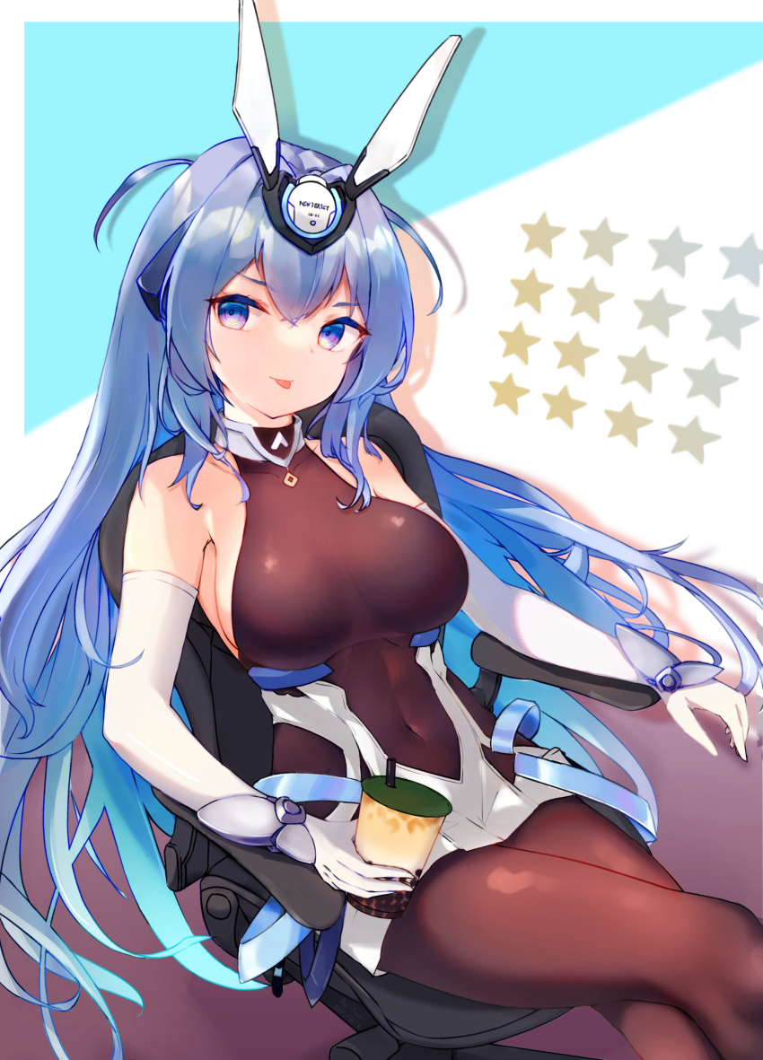 1girl :p absurdres arm_rest armpit_crease azur_lane bare_shoulders black_pantyhose blue_background blue_eyes blue_hair bodystocking breasts bubble_tea center_opening chair chinese_commentary commentary_request covered_navel cowboy_shot cup disposable_cup dress drop_shadow elbow_gloves gloves hair_between_eyes headgear highres holding holding_cup large_breasts long_hair looking_at_viewer new_jersey_(azur_lane) pantyhose ru_yan sidelocks sitting smile solo star_(symbol) star_symbol_background tongue tongue_out very_long_hair white_background white_dress white_gloves