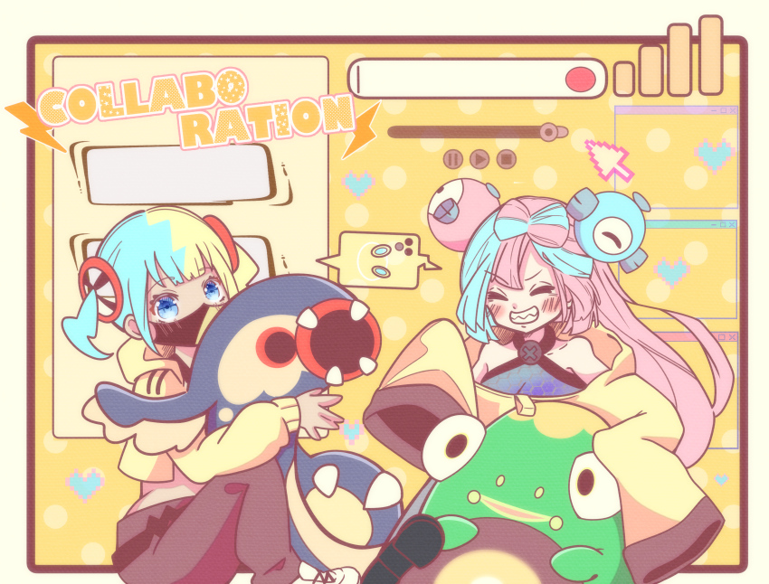 absurdres bellibolt black_mask canari_(pokemon) eelektross gen_5_pokemon highres iono_(pokemon) iris_illust_r mask mouth_mask multicolored_hair nintendo pokemon pokemon_legends:_z-a pokemon_sv two-tone_mask yellow_mask