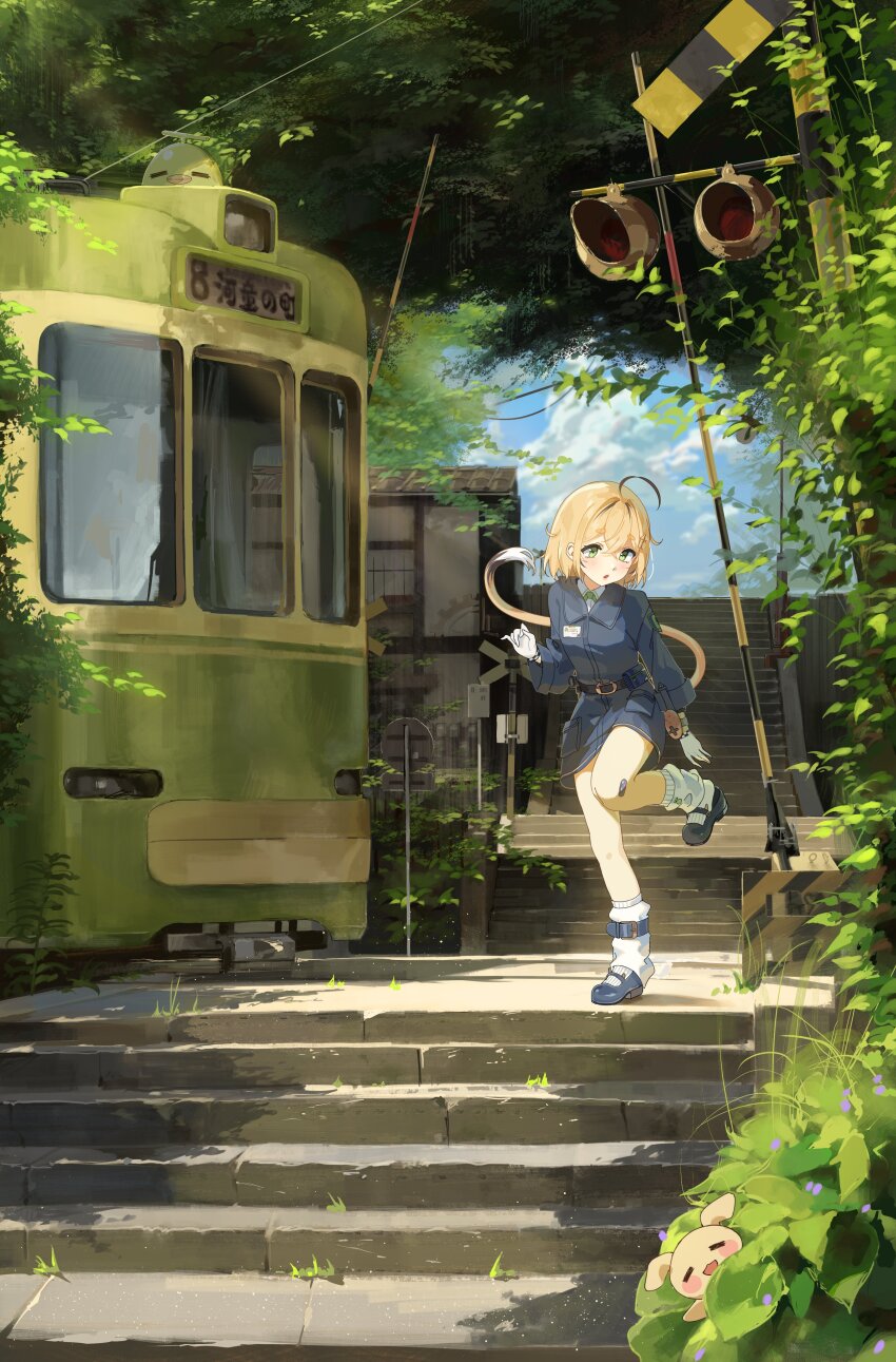 1girl :o absurdres ahoge bandaid bandaid_on_knee bandaid_on_leg belt black_belt black_hair blonde_hair blue_coat blue_shoes boom_barrier bubbles_(dooby) bush coat commentary crossed_bangs day dayshiart dooby_(vtuber) gloves green_eyes hair_between_eyes hair_ornament hand_up highres indie_virtual_youtuber jerboa_tail kippu_(dooby) leaf leg_up light_blush long_sleeves looking_down loose_socks multicolored_hair outdoors parted_lips railroad_crossing railroad_signal shirt shoes short_eyebrows short_hair socks solo stairs standing standing_on_one_leg streaked_hair symbol-only_commentary tail train virtual_youtuber white_gloves white_hair white_shirt white_socks wide_shot