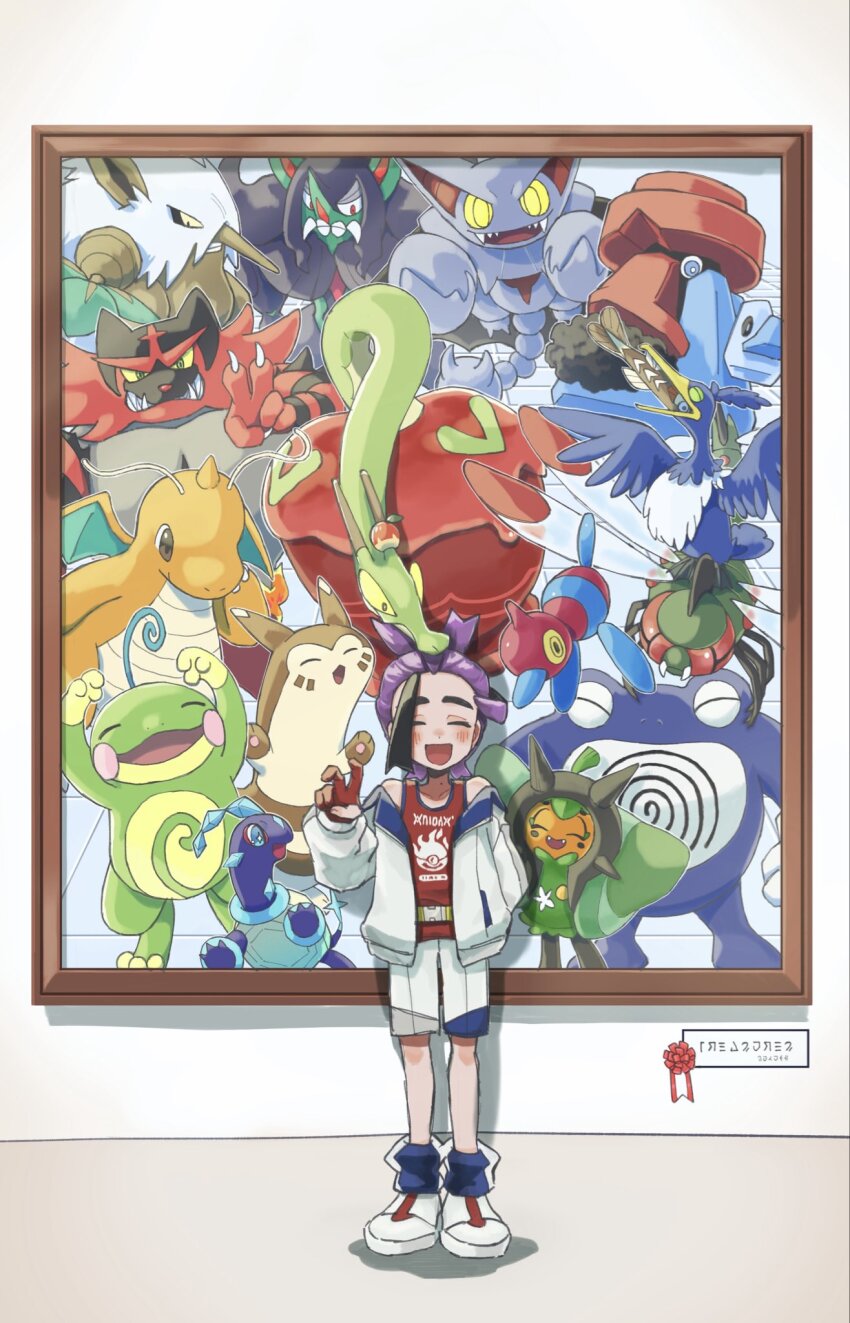 1boy antennae arm_behind_back arrokuda black_hair blue_socks blush claws closed_eyes colored_sclera commentary_request cramorant dragonite fangs furret gen_1_pokemon gen_2_pokemon gen_3_pokemon gen_4_pokemon gen_7_pokemon gen_8_pokemon gliscor gloves grimmsnarl highres hydrapple incineroar jacket kanchan_kani kieran_(pokemon) long_sleeves male_focus multicolored_hair nintendo ogerpon open_clothes open_jacket open_mouth partially_fingerless_gloves pokemon pokemon_(creature) pokemon_sv politoed poliwrath porygon-z probopass purple_hair red_gloves sharp_teeth shiftry shoes shorts socks standing teeth terapagos terapagos_(normal) v white_jacket white_shoes white_shorts yanmega yellow_sclera