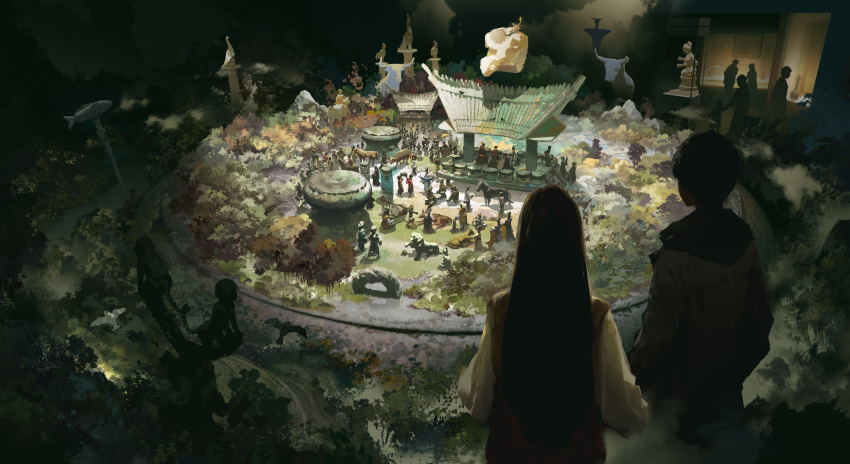 1boy 1girl absurdres animal black_hair bull chinese_clothes forest hair_bun highres horse ice_(805482263) indoors long_hair multiple_others museum nature original people scenery short_hair statue stone tree vase