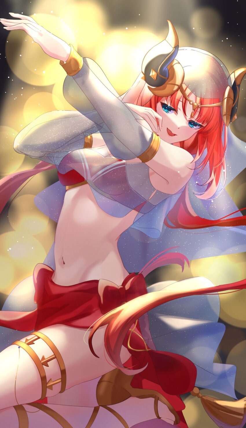 1girl aqua_eyes arabian_clothes bikini blush bow breasts detached_sleeves fake_horns genshin_impact harem_outfit highres horns jewelry long_hair long_sleeves looking_at_viewer marufus medium_breasts navel nilou_(genshin_impact) red_bikini red_bow red_hair smile solo stomach swimsuit veil very_long_hair white_sleeves