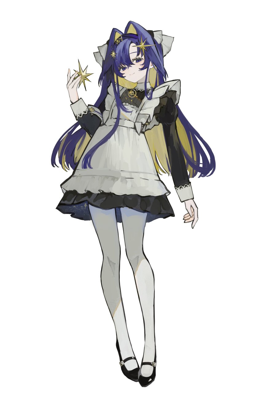 1girl absurdres apron black_dress black_hairband black_shoes blonde_hair blue_eyes blue_hair closed_mouth colored_inner_hair dress frilled_apron frills full_body hair_intakes hair_ornament hairband hand_up highres holding holding_star juliet_sleeves long_hair long_sleeves looking_at_viewer mary_janes multicolored_hair pantyhose puffy_sleeves reverse:1999 school_uniform shoes short_dress smile solo soviet_school_uniform standing star_(symbol) star_hair_ornament toke_ino very_long_hair voyager_(reverse:1999) white_apron white_background white_pantyhose
