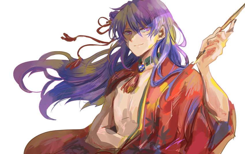 1boy alternate_hairstyle cigarette cigarette_holder collarbone colored_flower_cards_(ensemble_stars!) commentary_request ensemble_stars! floating_hair hair_bun hair_ribbon half_updo hand_under_clothes hand_up highres holding holding_cigarette japanese_clothes kanzaki_souma kimono leaf_print looking_at_viewer male_focus maple_leaf_print neck_tassel official_alternate_costume open_clothes open_kimono pectorals purple_eyes purple_hair red_kimono red_ribbon ribbon shade sienna_491 simple_background single_hair_bun smile solo topless_male white_background wide_sleeves