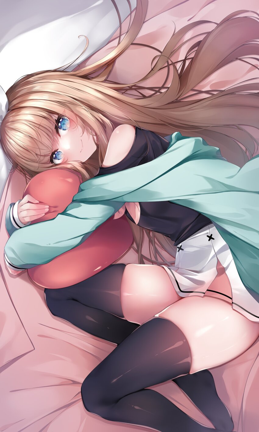 1girl absurdres aqua_jacket bed bed_sheet black_shirt black_thighhighs blue_eyes blush bow bow_hairband brown_hair closed_mouth clothing_cutout commentary eyes_visible_through_hair floating_hair from_above hair_bow hairband heart heart-shaped_pillow highres hugging_object indie_virtual_youtuber jacket kana616 long_hair long_sleeves looking_at_viewer lying multicolored_skirt neckerchief no_shoes off_shoulder on_bed on_side pillow pink_neckerchief pink_skirt pleated_skirt shirt shoulder_cutout skindentation skirt smile solo spanish_commentary sparkling_eyes star_(symbol) thighhighs thighs very_long_hair virtual_youtuber white_bow white_skirt yuniepix_(vtuber)