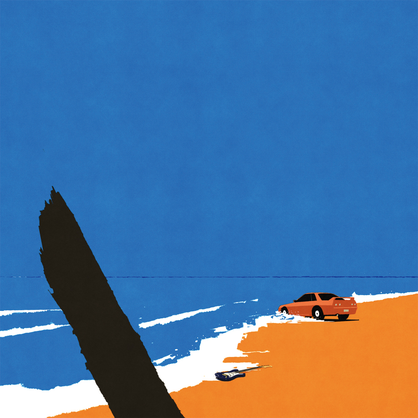 beach blue_sky car day guitar highres horizon iida_kento instrument motor_vehicle no_humans ocean orange_car original outdoors sand sky spoiler_(automobile)
